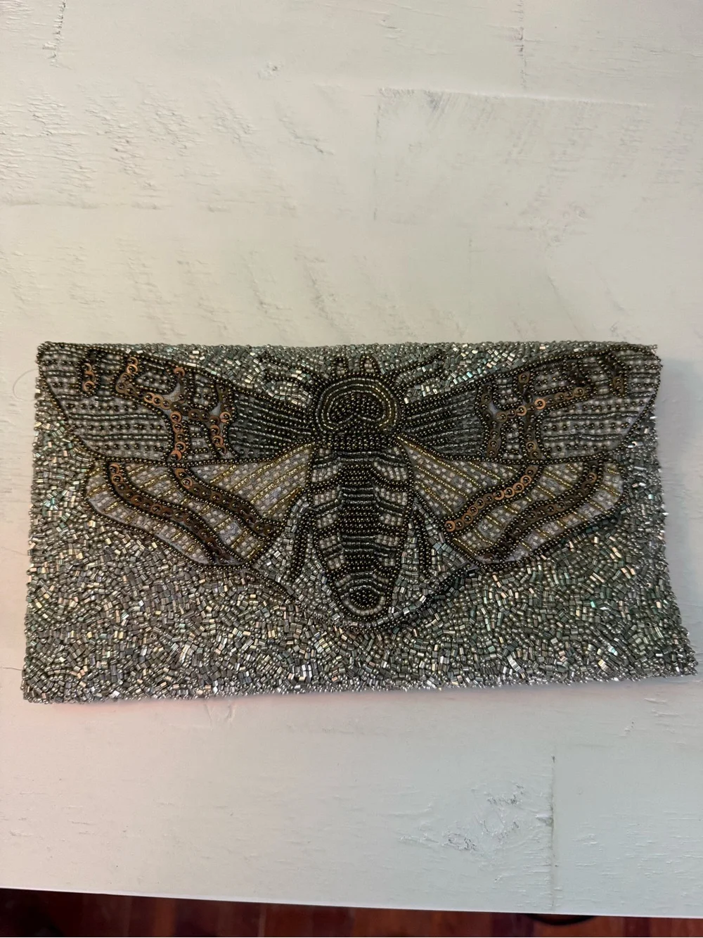 Tiana Beaded Silver Bee Clutch Purse